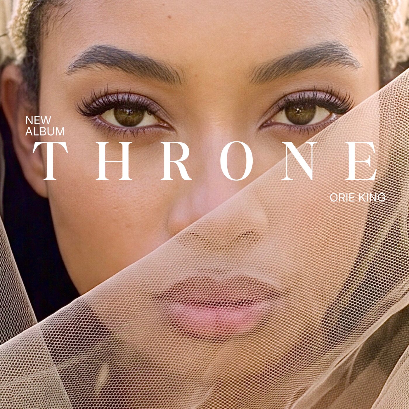 Throne album cover: Orie King's eyes above a sheer veil
